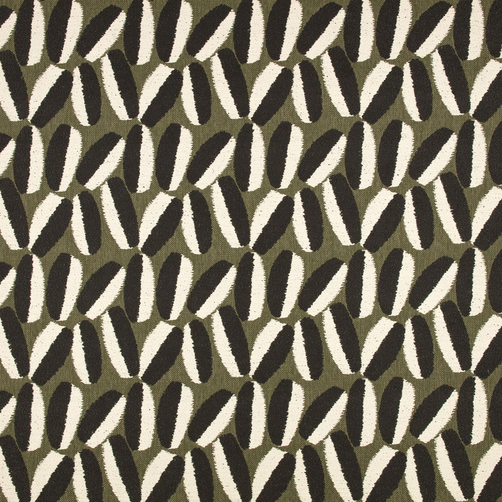 Olive woven outdoor fabric with cream and charcoal elongated leaf motifs