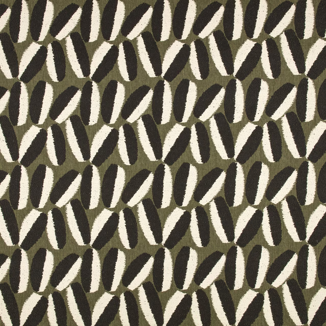 Olive woven outdoor fabric with cream and charcoal elongated leaf motifs