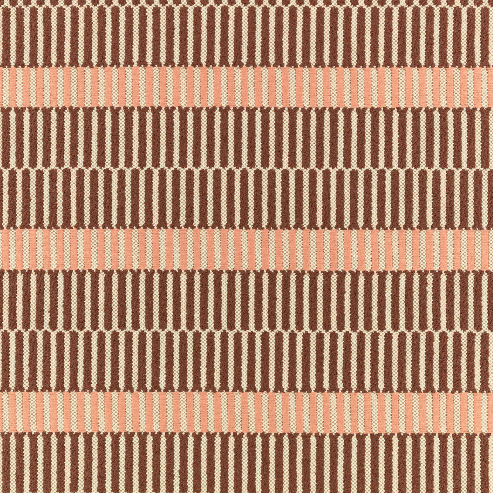Textured outdoor weave with mehndi-brown stripes, cream flecks and coral bands