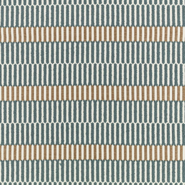 Muted teal woven stripes with cream ground and horizontal sandy tan bands
