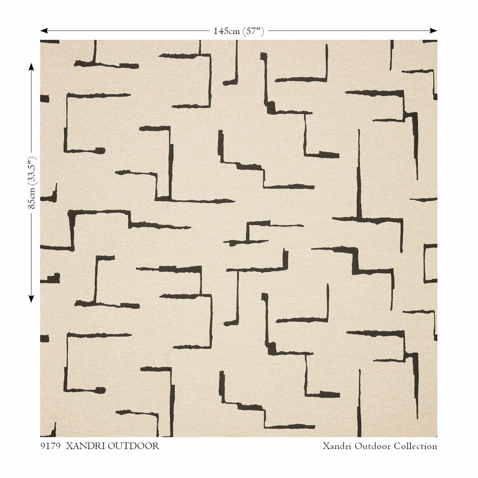 Warm beige outdoor fabric with charcoal broken-line geometry and lightly textured weave