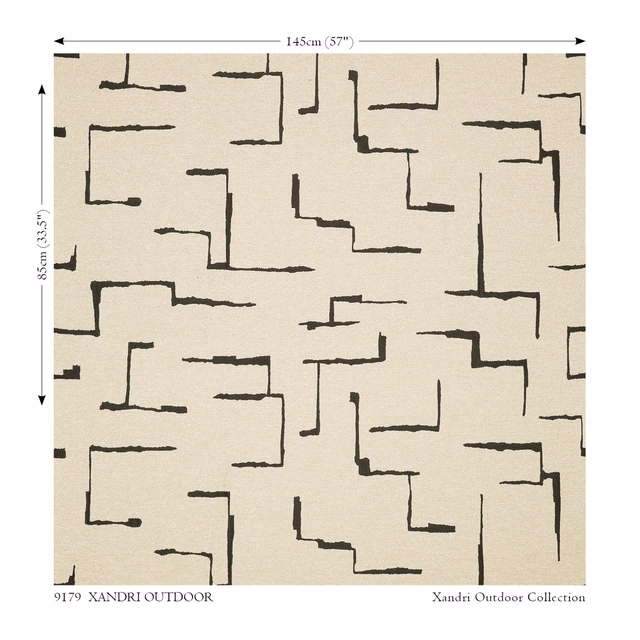 Warm beige outdoor fabric with charcoal broken-line geometry and lightly textured weave