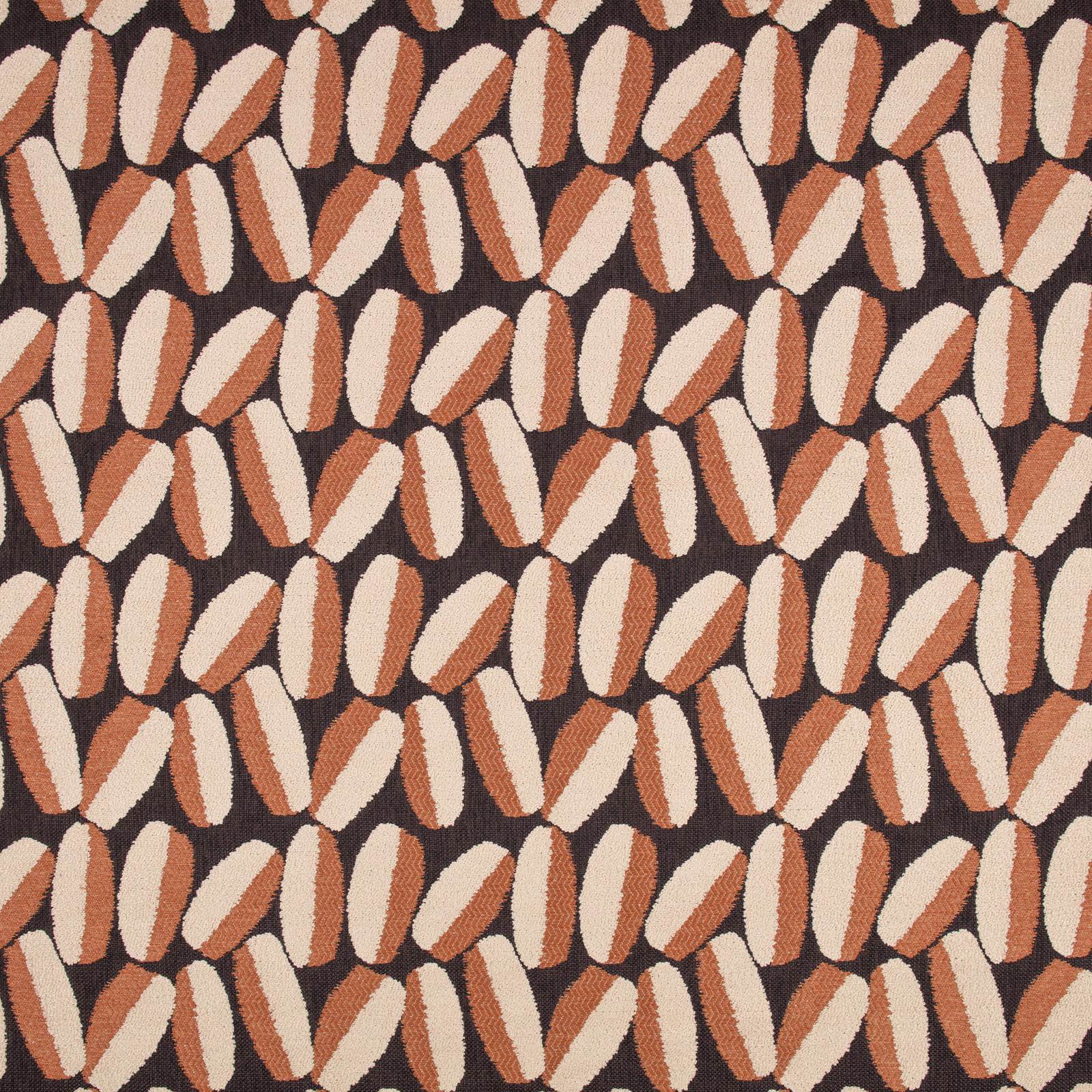 Terracotta and cream elongated motifs woven across a deep brown textured ground