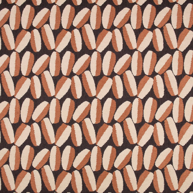 Terracotta and cream elongated motifs woven across a deep brown textured ground