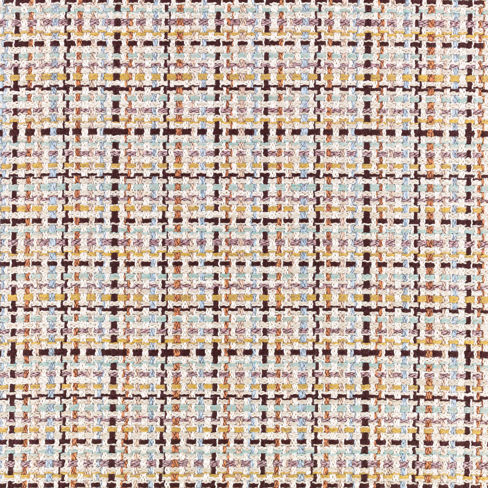 Chunky ivory outdoor weave with aqua, mustard, brown and rose flecks