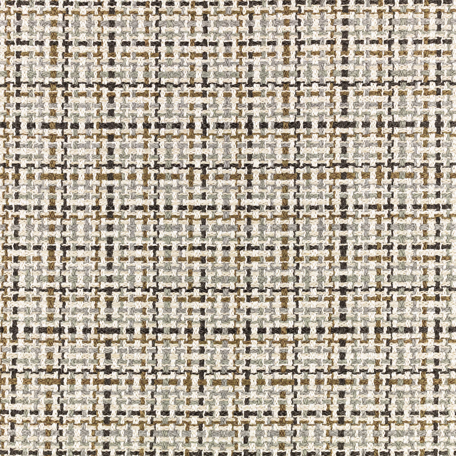 Close-up of ivory woven check with charcoal, taupe and oxide-brown flecks