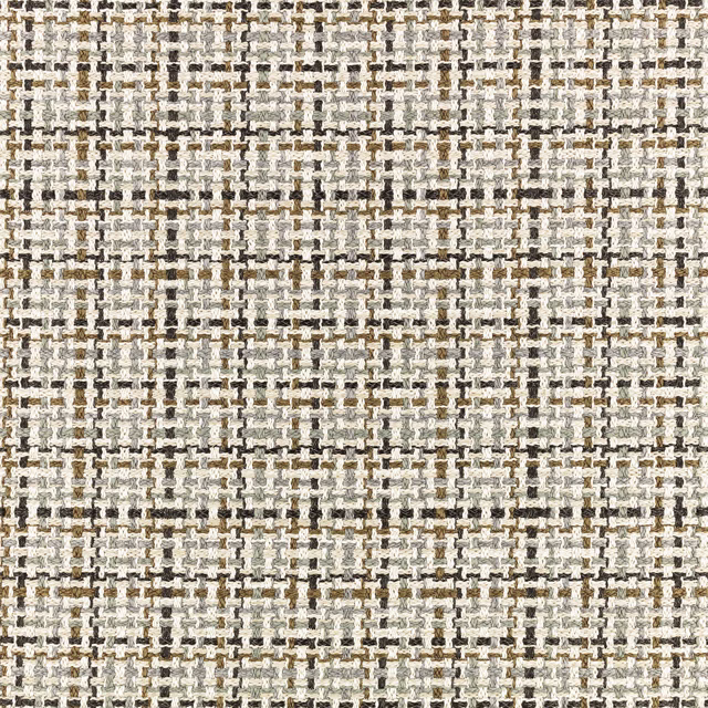 Close-up of ivory woven check with charcoal, taupe and oxide-brown flecks