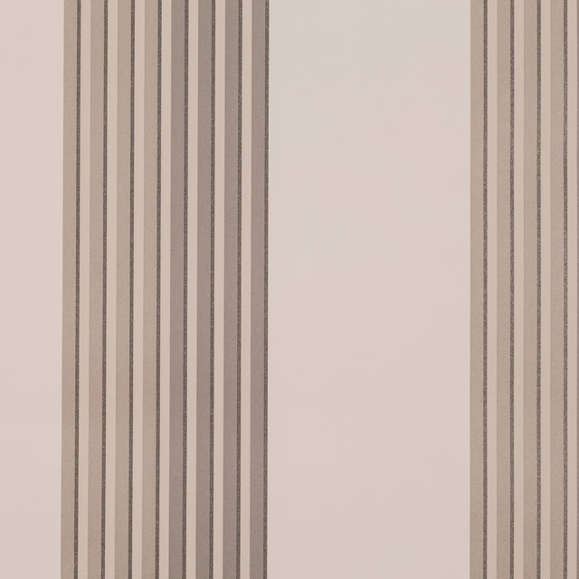 Pale nickel-taupe wallpaper with slim muted grey-brown vertical stripes