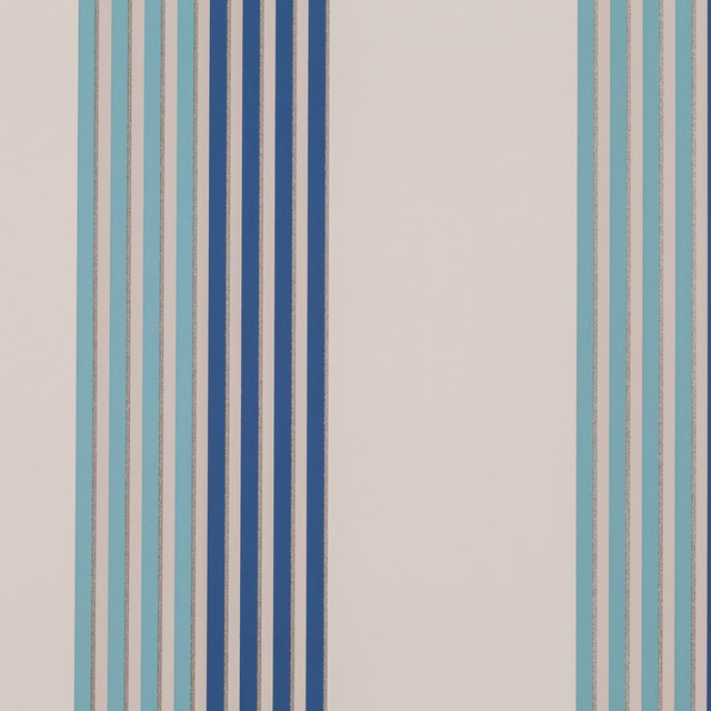 Aqua and navy vertical stripes frame a broad warm greige central panel