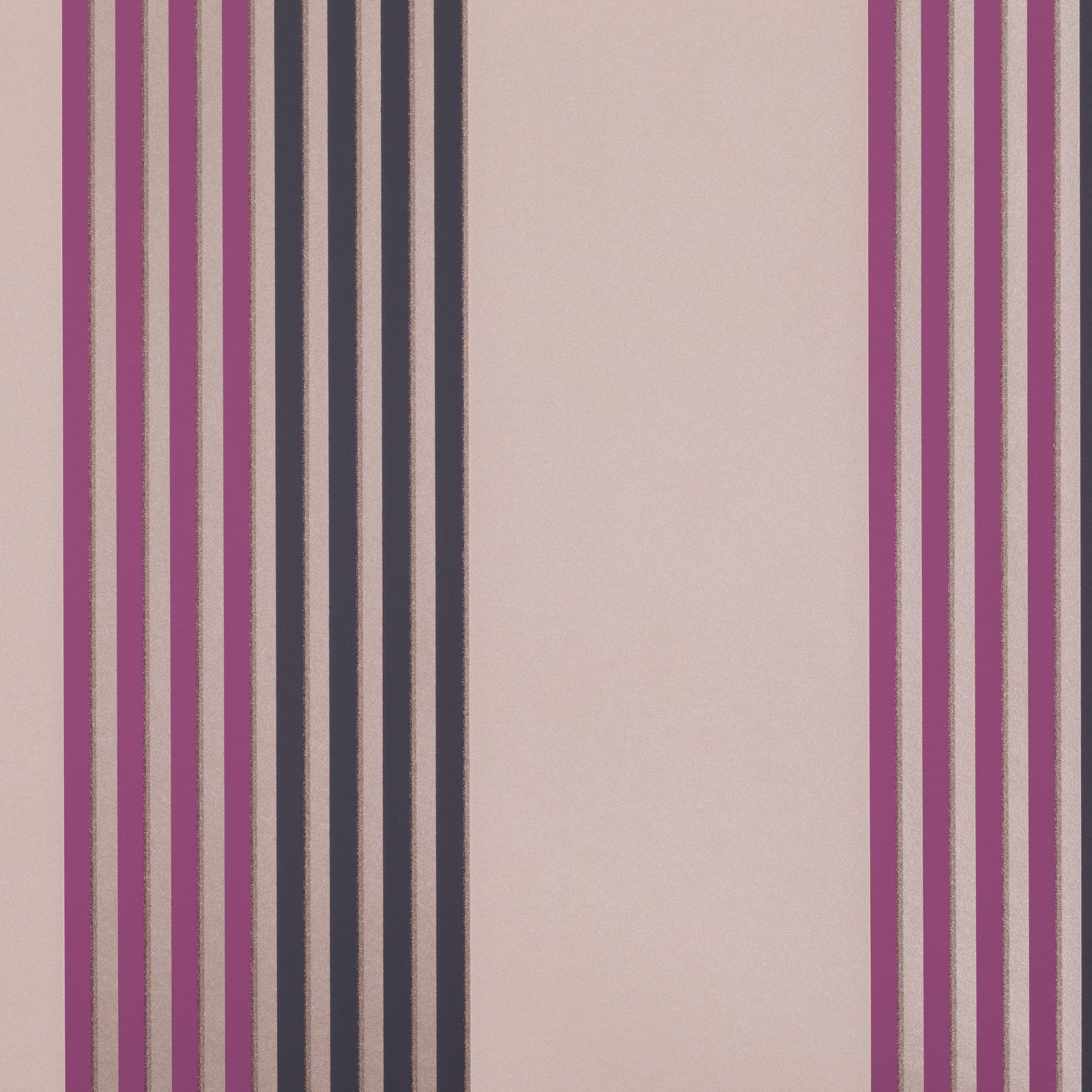 Dusty blush wallpaper with plum, charcoal and taupe stripes framing a pale central panel