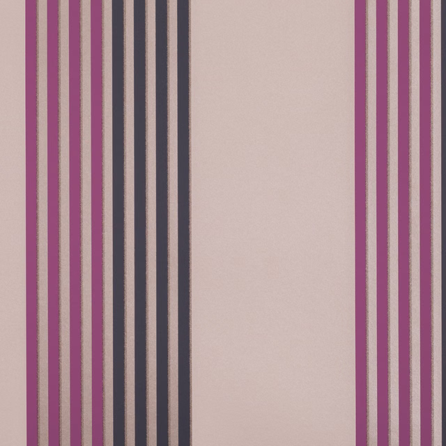 Dusty blush wallpaper with plum, charcoal and taupe stripes framing a pale central panel