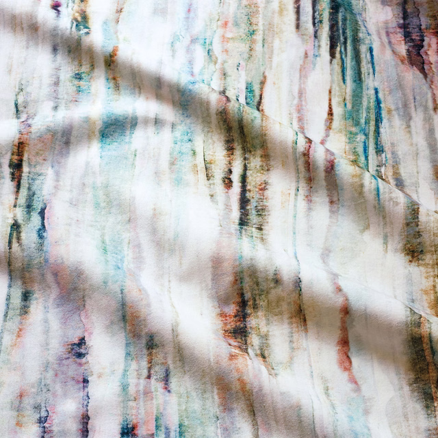 Icy aqua velvet with vertical teal, taupe, rust and mauve painterly streaks
