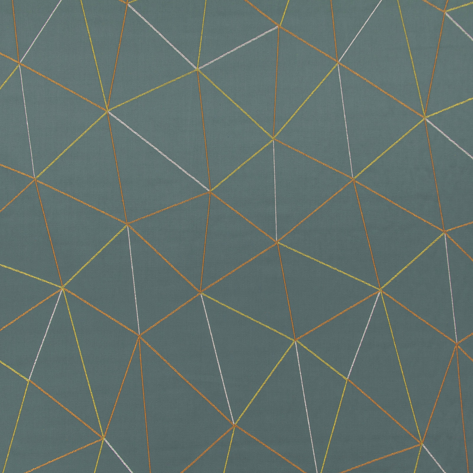 Blue-grey teal woven ground with angular amber, ochre and pale intersecting lines