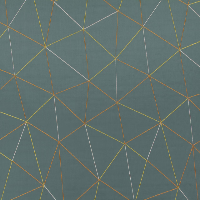 Blue-grey teal woven ground with angular amber, ochre and pale intersecting lines