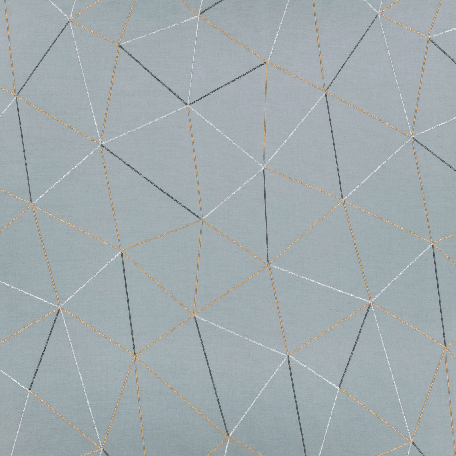 Cool blue-grey textile with irregular charcoal, white and muted gold geometric lines