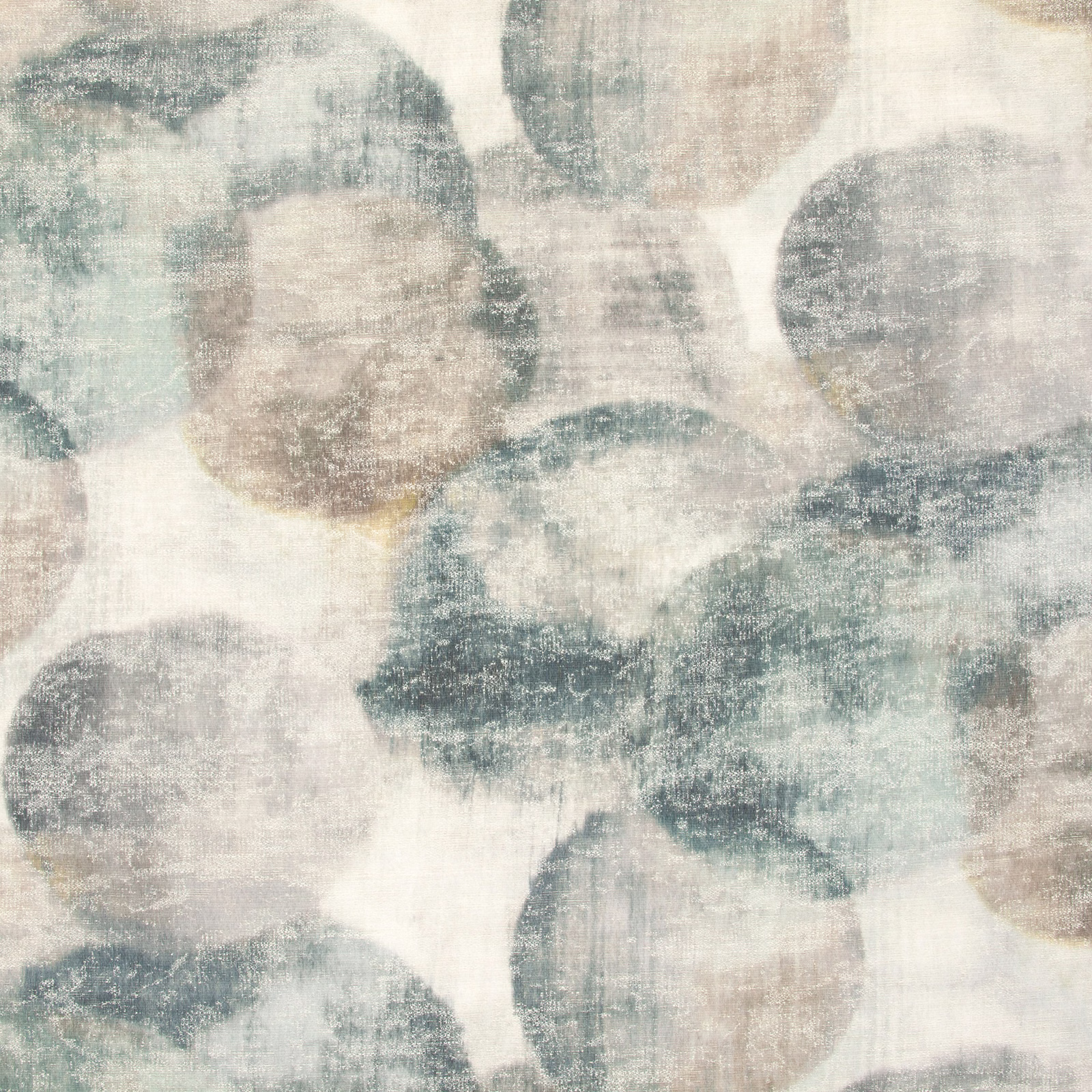 Cream textile with faded blue-grey and oxide pebble forms, softly mottled surface