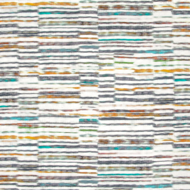Ivory textile with irregular charcoal stripes, turquoise, ochre and rust horizontal accents