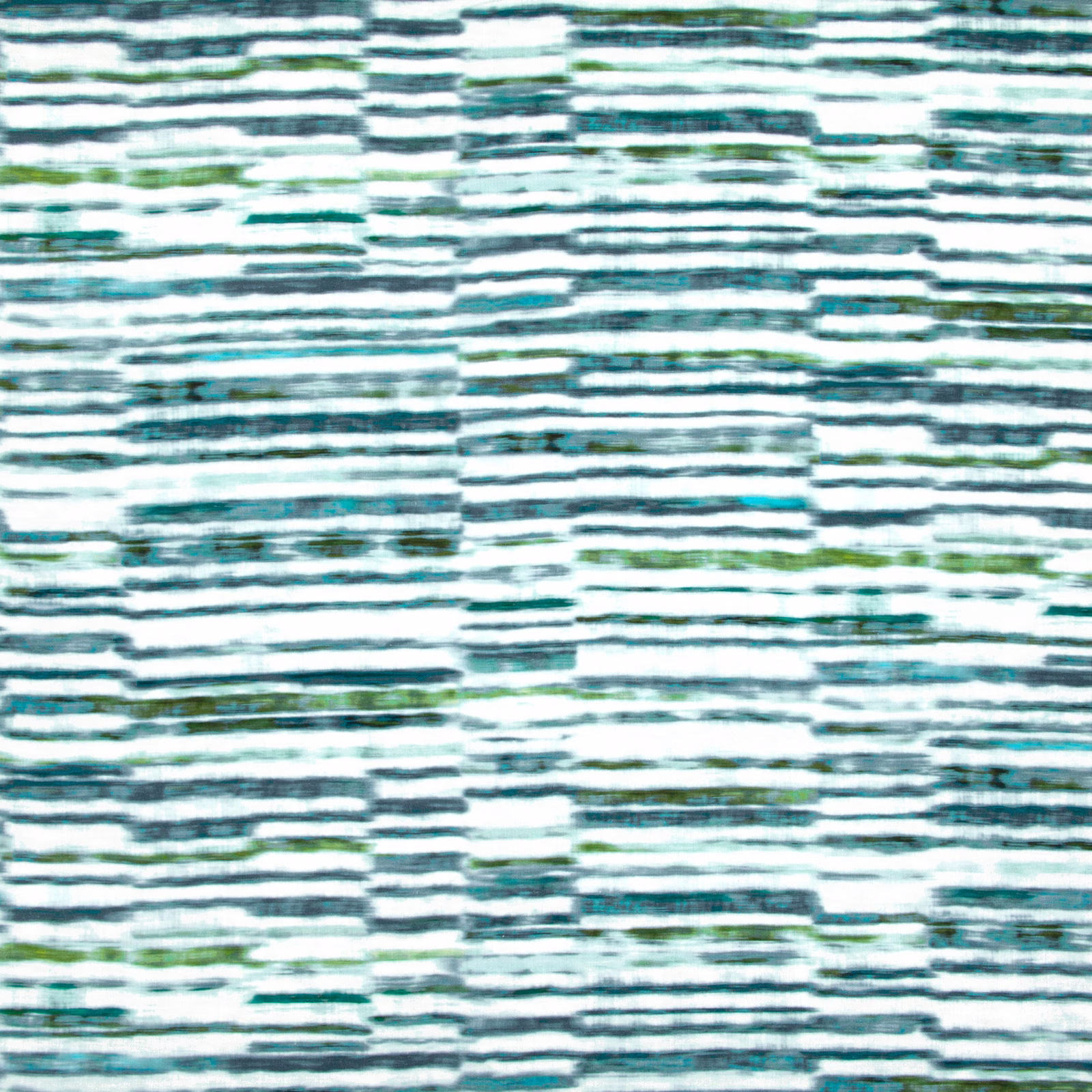 Peacock teal textile with broken horizontal stripes, pale ground and olive-green accents