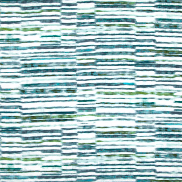 Peacock teal textile with broken horizontal stripes, pale ground and olive-green accents