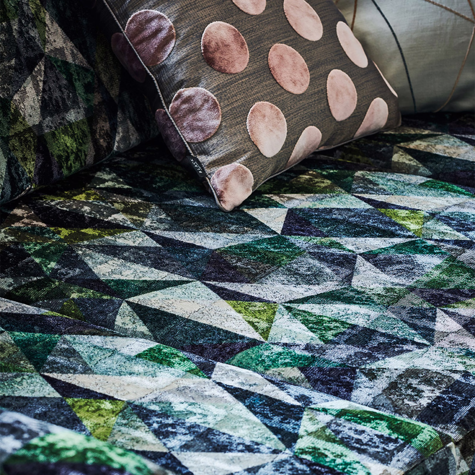Textured Malachite fabric with angular green, teal, black and chalk geometric shards