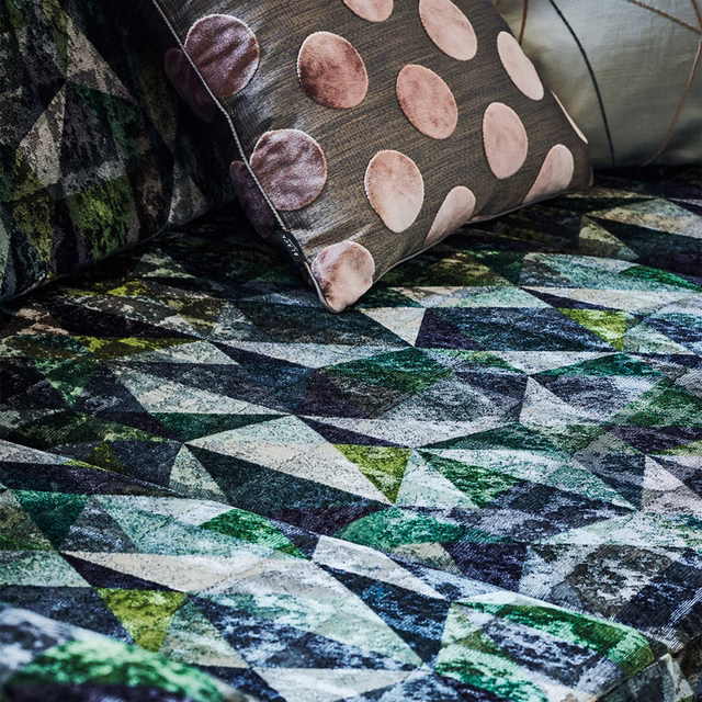Textured Malachite fabric with angular green, teal, black and chalk geometric shards