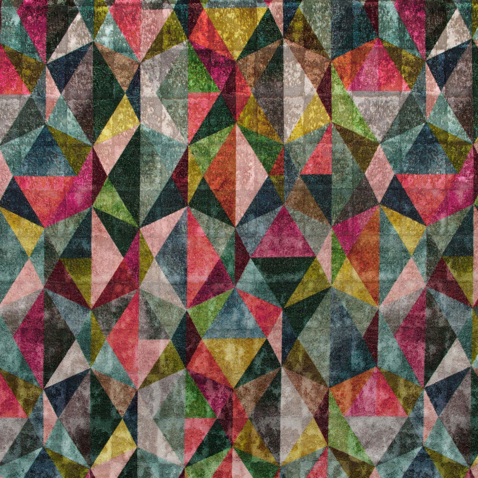 Matiko Multi fabric showing jewel-toned triangles, teal, magenta, mustard and mottled neutrals