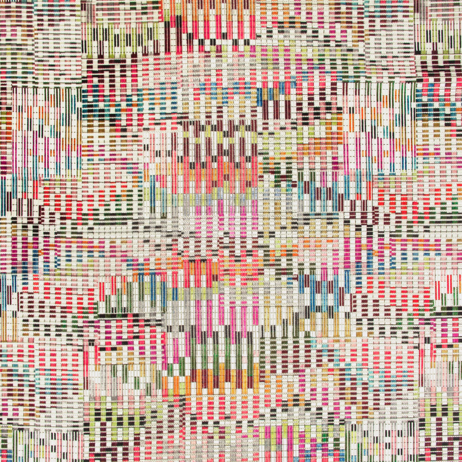 Multicoloured woven textile with coral, teal and pink broken stripe blocks