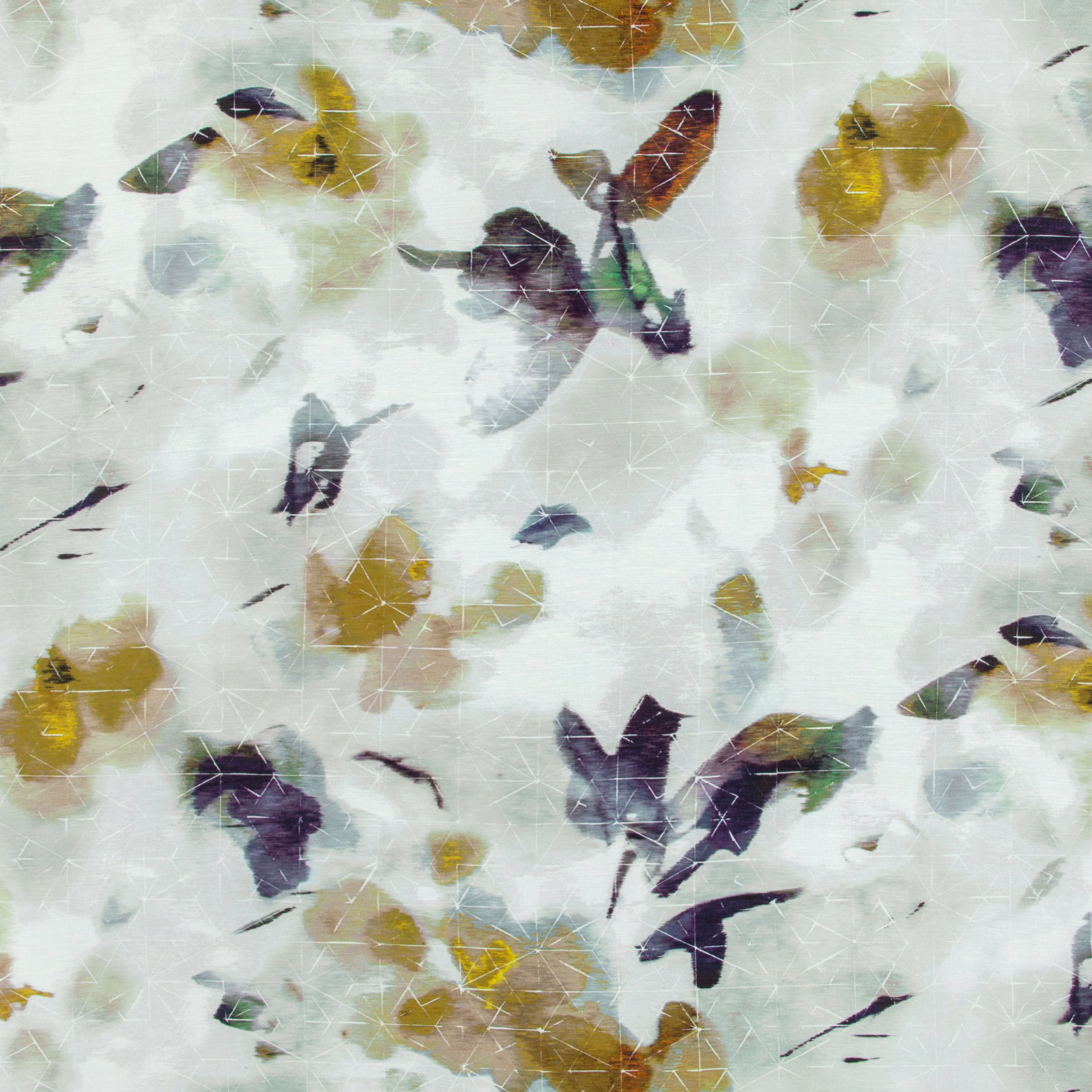 Pale celadon textile with mustard and plum botanical fragments and fine star-like lines