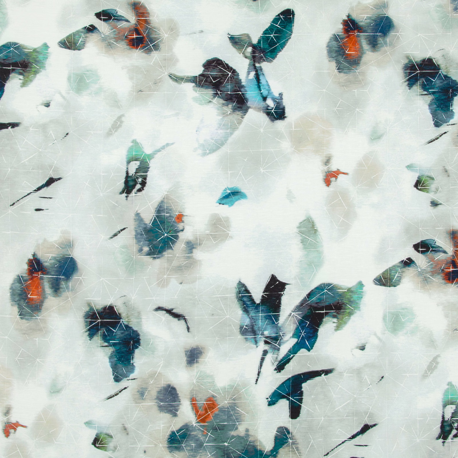 Pale aqua textile with scattered teal, navy, charcoal and rust feather-like fragments
