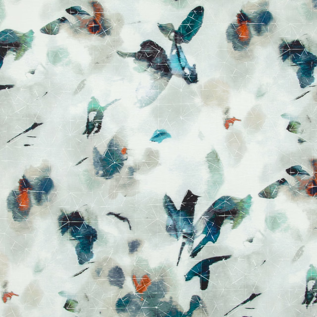 Pale aqua textile with scattered teal, navy, charcoal and rust feather-like fragments
