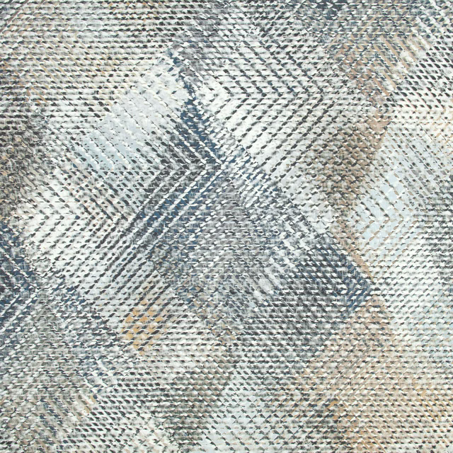 Cool blue-grey and ivory woven textile with charcoal diagonals and muted ochre flecks