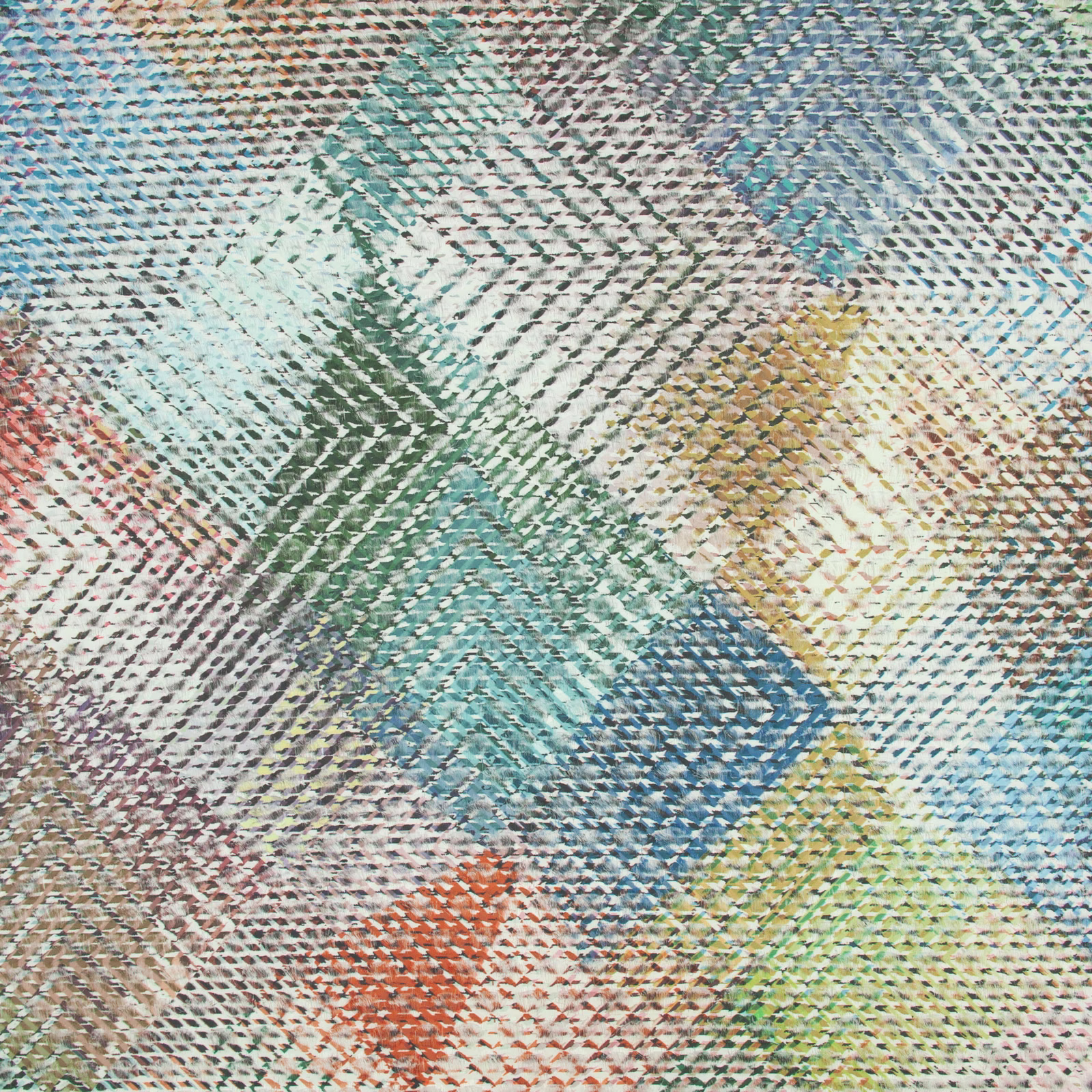 Turquoise-led woven fabric with abstract teal, blue, ochre and coral geometric patches