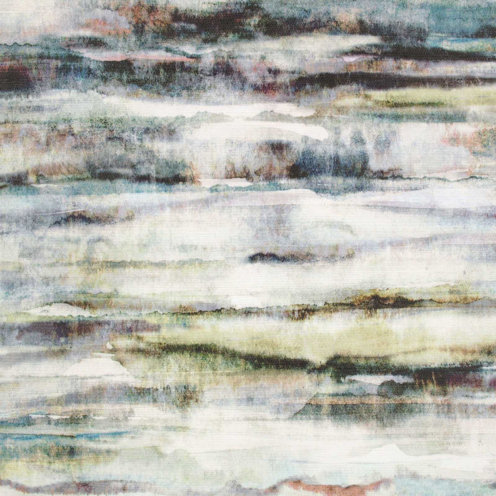 Pale blue-green abstract wallpaper with cream, sage and charcoal horizontal painterly bands
