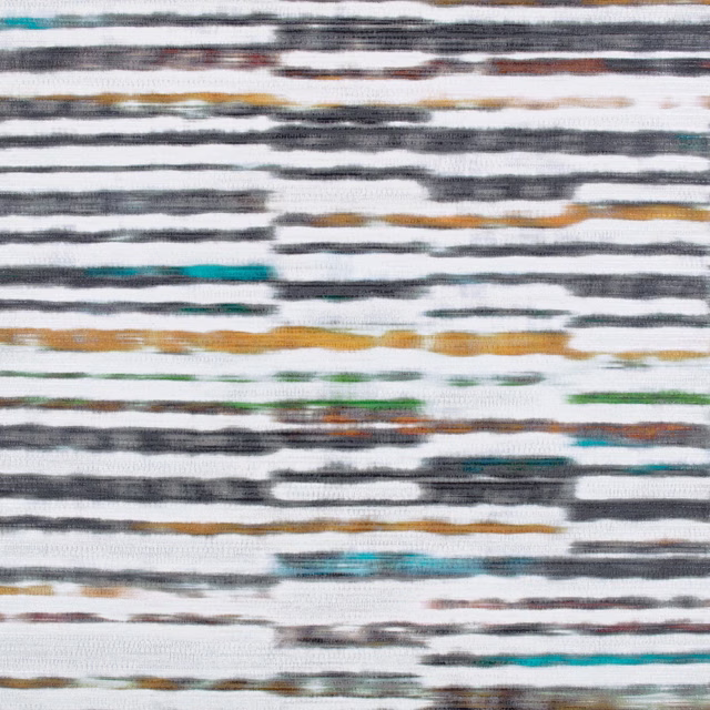 Ivory wallpaper with horizontal charcoal bands, turquoise flashes and ochre brush marks
