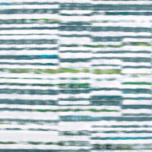 Close-up of Peacock wallpaper with irregular teal, olive and blue-green horizontal brushstrokes on white.