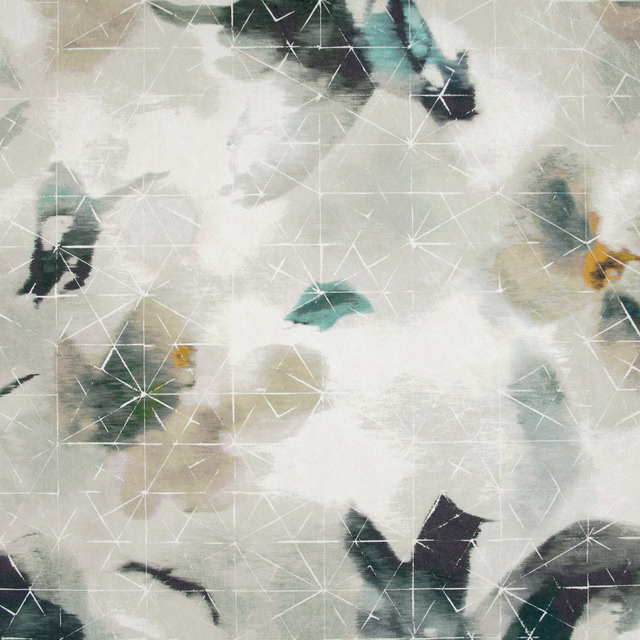 Cool indium-grey wallpaper with charcoal, teal and ochre marks beneath fine white intersecting lines