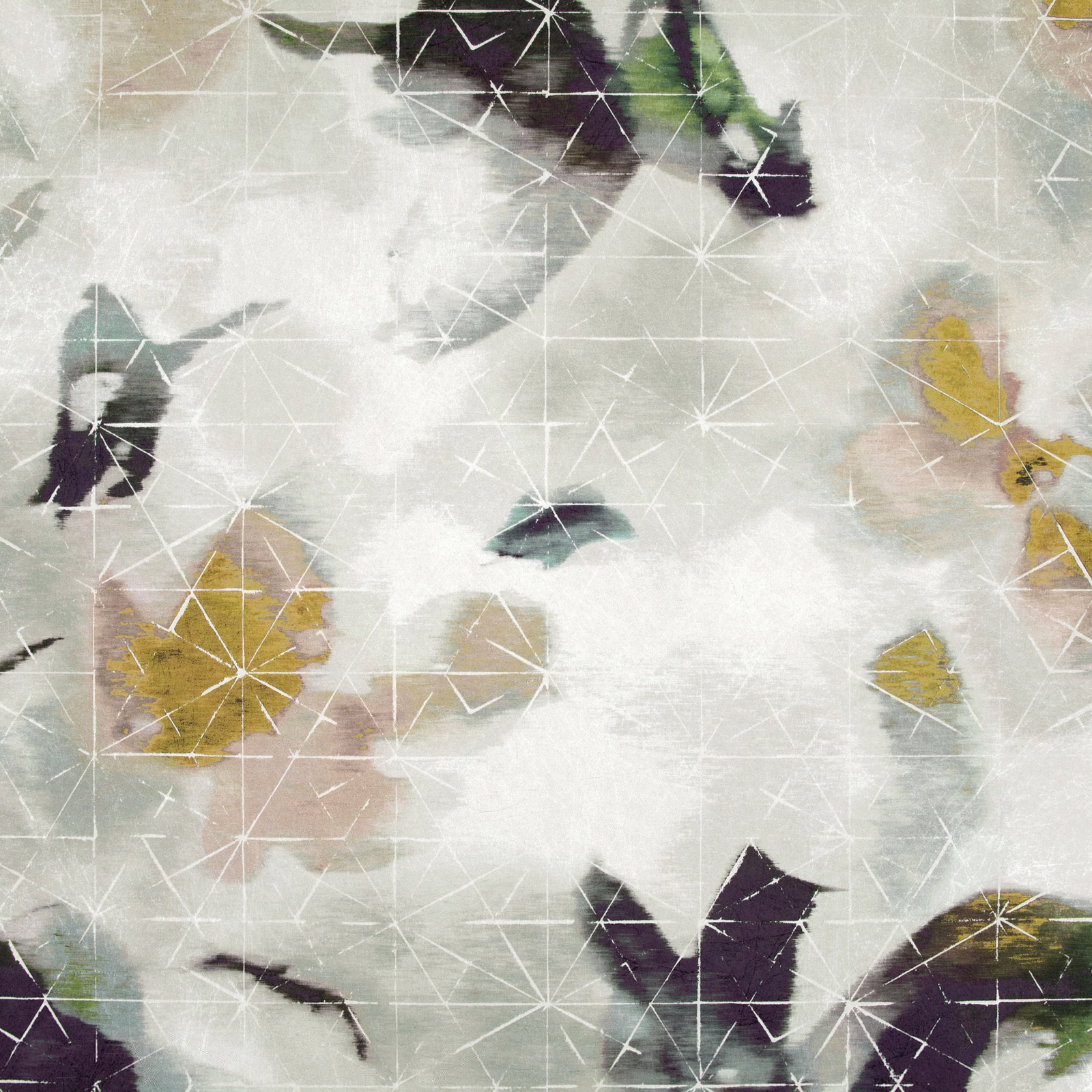 Misty grey wallpaper with ochre, plum and green botanicals beneath white geometric lines