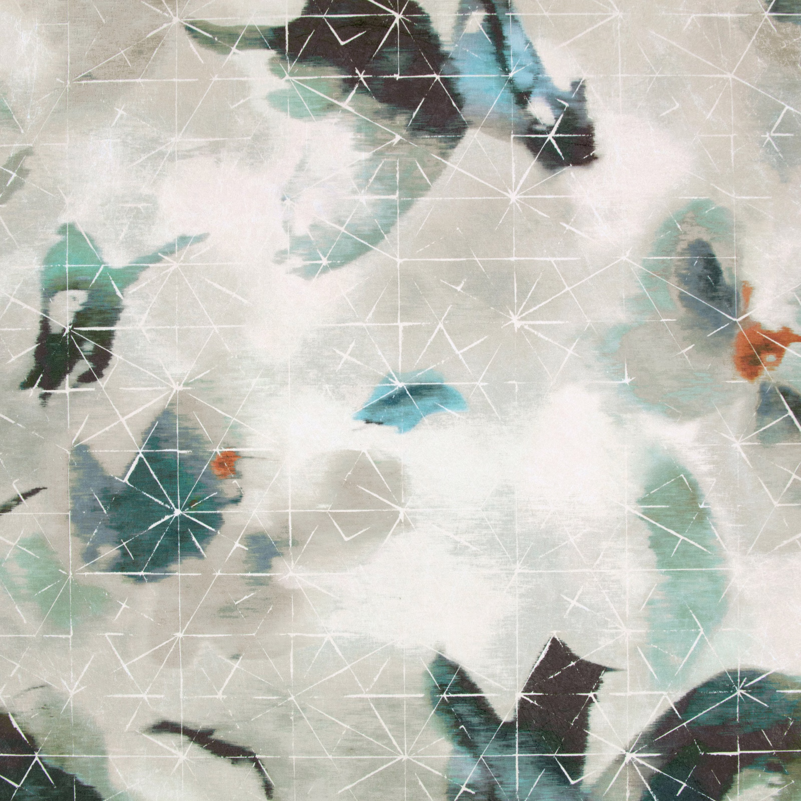 Pale wallpaper with misty teal and charcoal abstract marks beneath white geometric lines