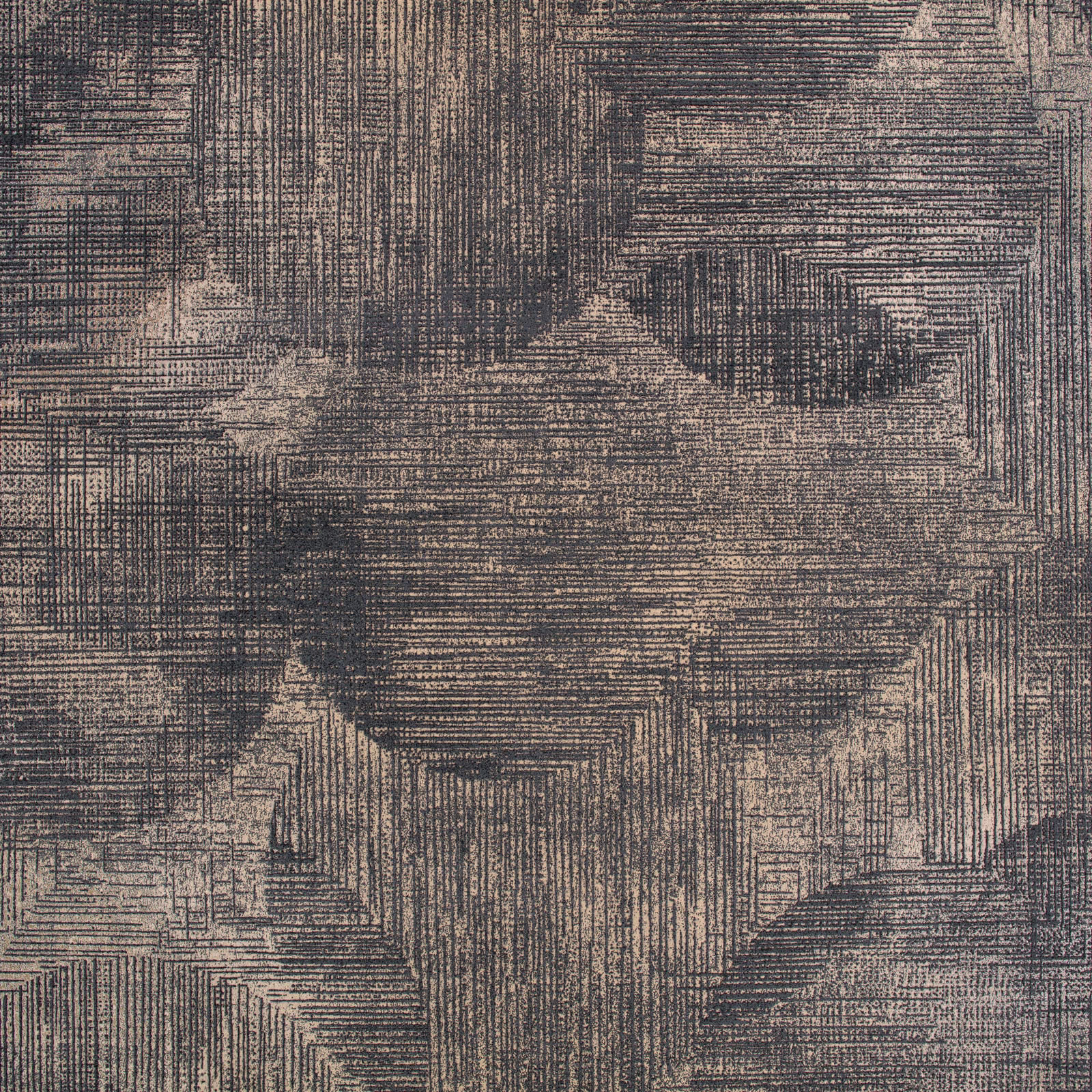 Smoky taupe and charcoal wallcovering with layered linear architectural blocks