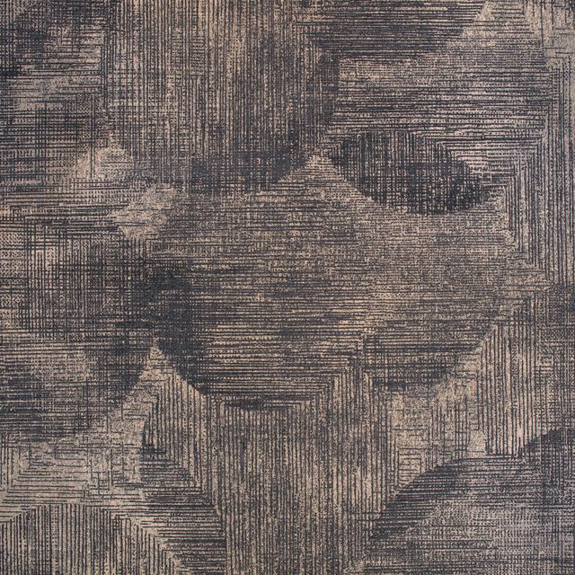 Smoky taupe and charcoal wallcovering with layered linear architectural blocks