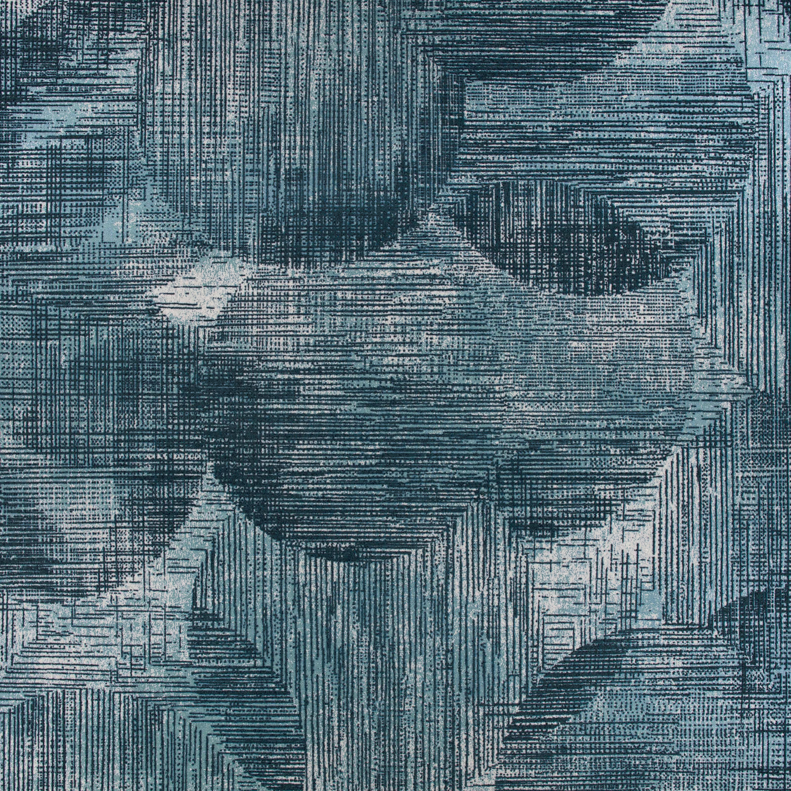 Deep viridian blue-green geometric wallcovering with charcoal crosshatching and pale linear highlights