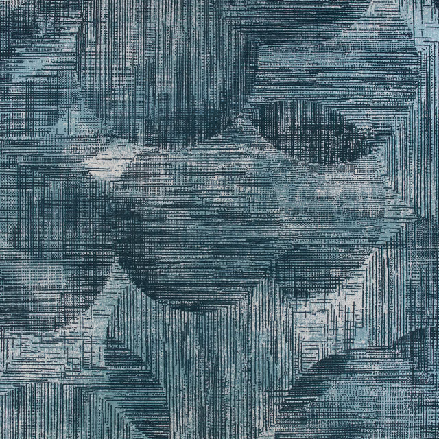 Deep viridian blue-green geometric wallcovering with charcoal crosshatching and pale linear highlights