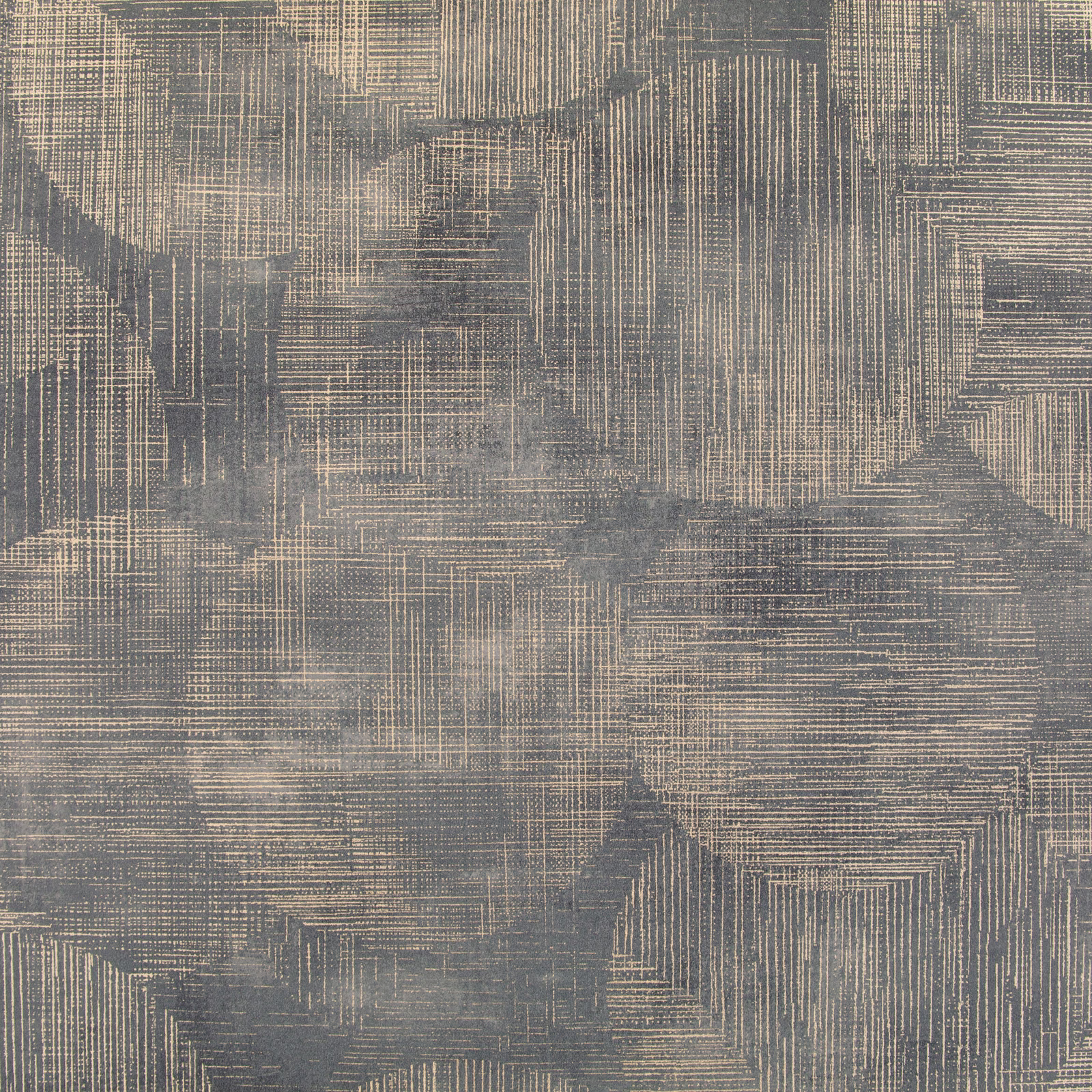Charcoal grey wallpaper with taupe crosshatched geometric blocks and layered lines