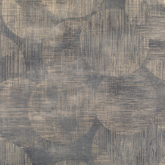 Charcoal grey wallpaper with taupe crosshatched geometric blocks and layered lines