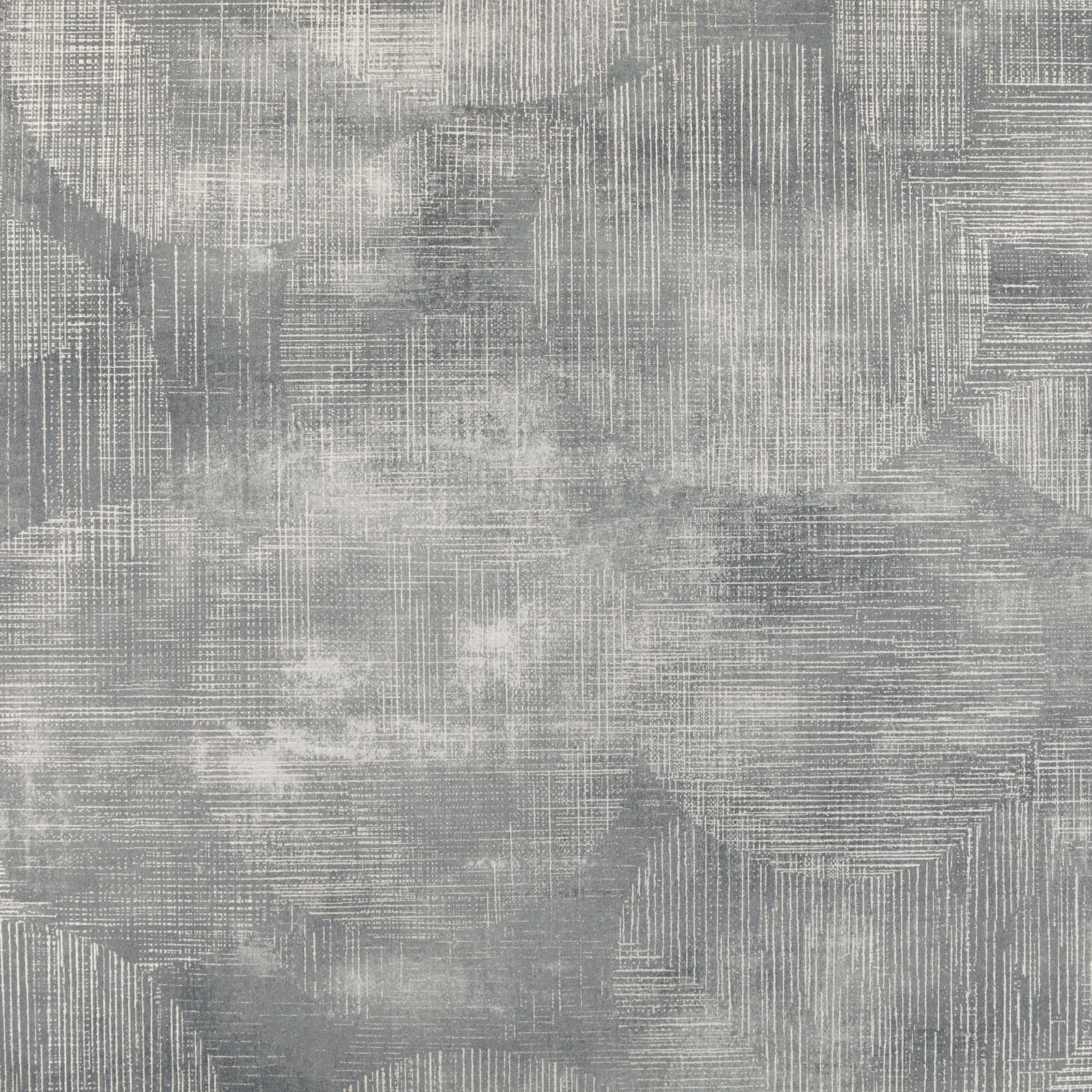 Pewter grey wallpaper with layered geometric blocks and fine crosshatched linear texture