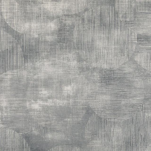 Pewter grey wallpaper with layered geometric blocks and fine crosshatched linear texture