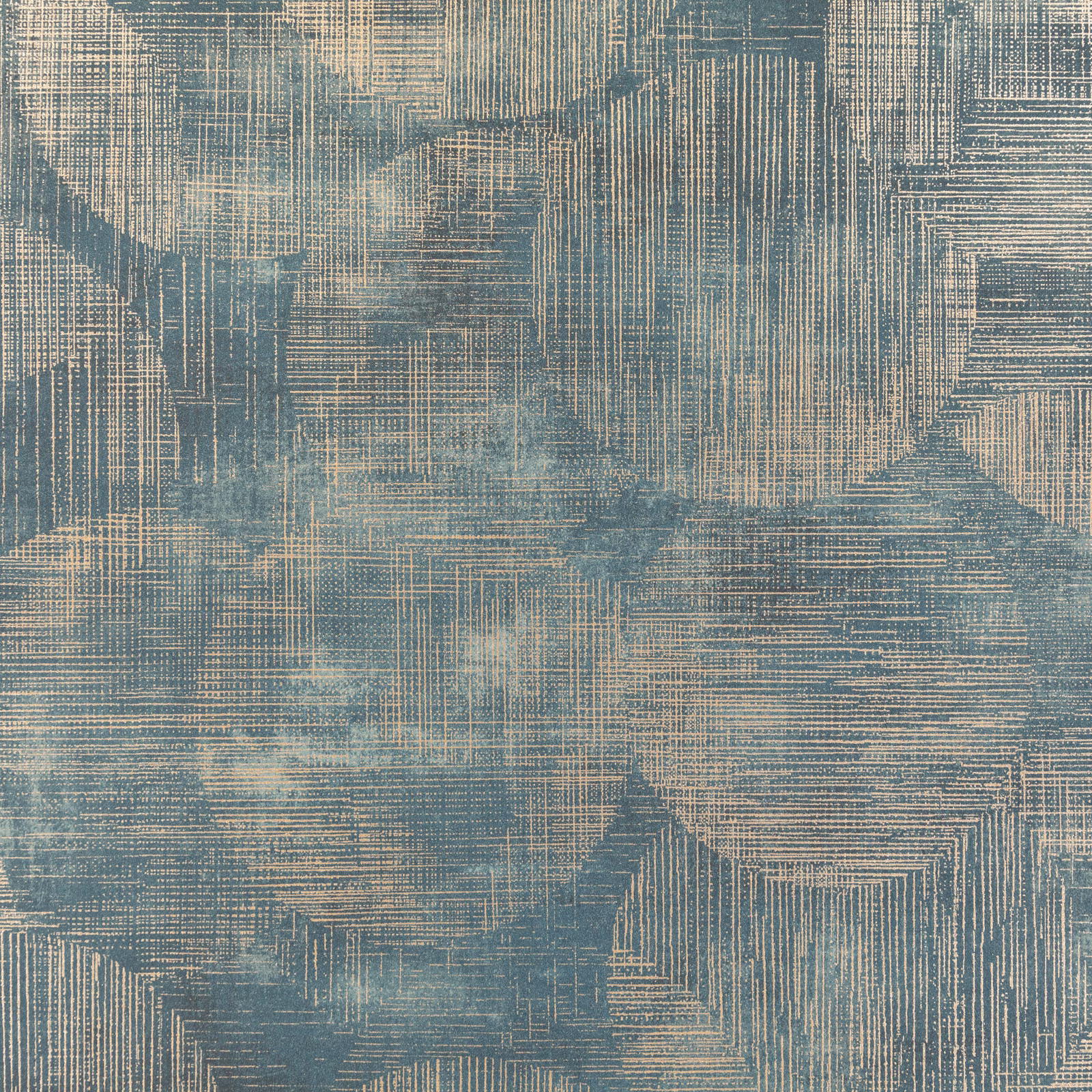 Muted blue-grey wallpaper with tan crosshatched strokes and abstract geometric forms