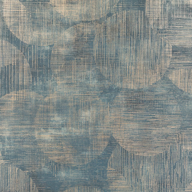 Muted blue-grey wallpaper with tan crosshatched strokes and abstract geometric forms