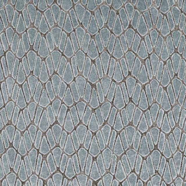 Muted blue-grey textile with taupe outlined pebble lattice and softly textured weave