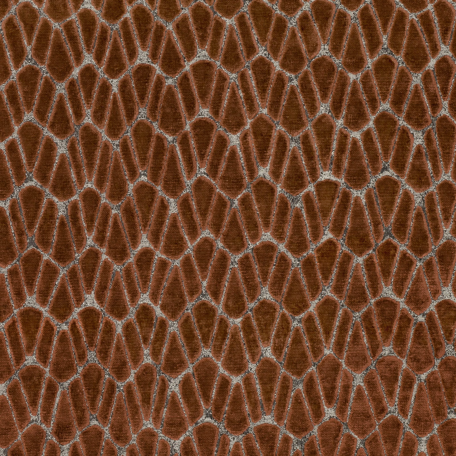 Copper-brown woven lozenges linked by pale blue-grey lines in a tactile textile